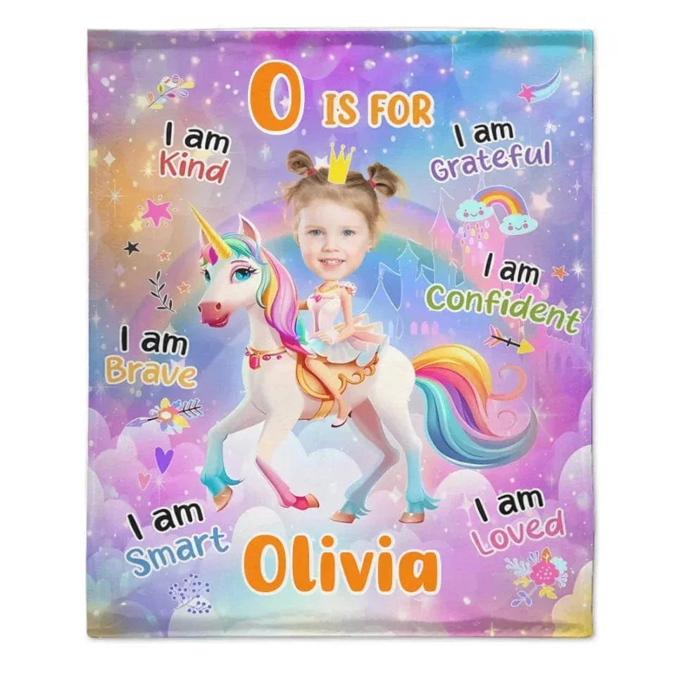 Cartoon Unicorn Customized Blanket - Personalized Name and Photo Soft Flannel Blanket - A Gift For Daughters, Girls - Joliny