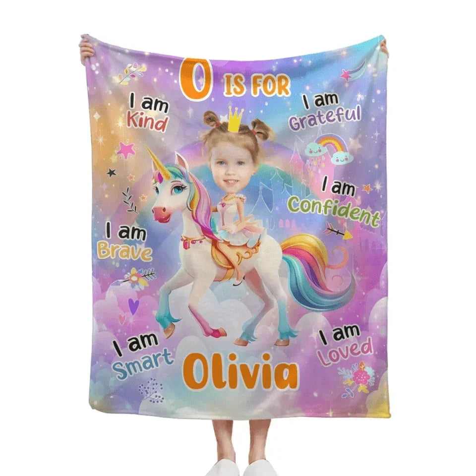 Cartoon Unicorn Customized Blanket - Personalized Name and Photo Soft Flannel Blanket - A Gift For Daughters, Girls - Joliny