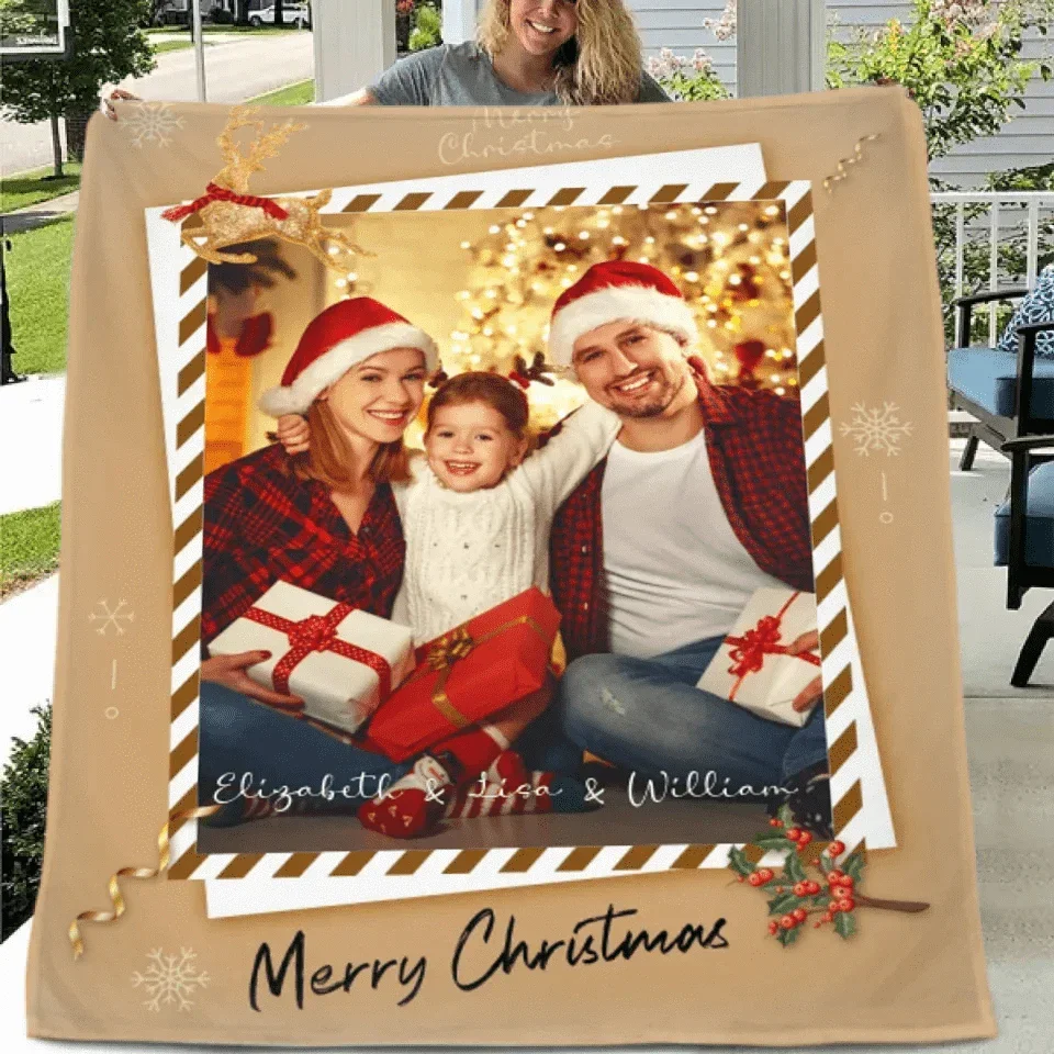 Christmas Cozy Family Photo Custom Blanket - Personalized Photo and Name Merry Christmas Themed Soft Flannel Blanket - Christmas Gift For Family - Joliny