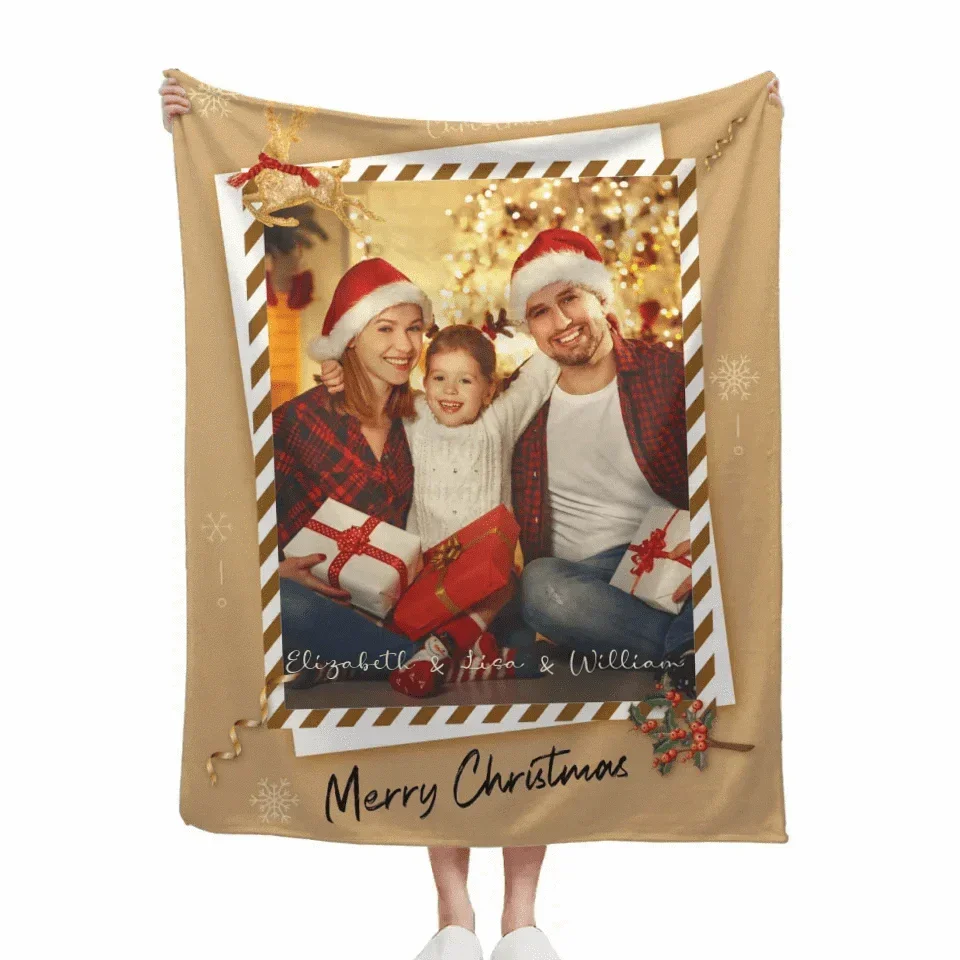 Christmas Cozy Family Photo Custom Blanket - Personalized Photo and Name Merry Christmas Themed Soft Flannel Blanket - Christmas Gift For Family - Joliny