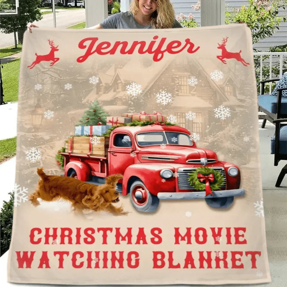 Christmas Customized Movie Watching Blanket - Christmas Vibes Red Moose,Truck and Snowflake Personalized Name Blanket - Christmas Gift For Family,Friend - Joliny
