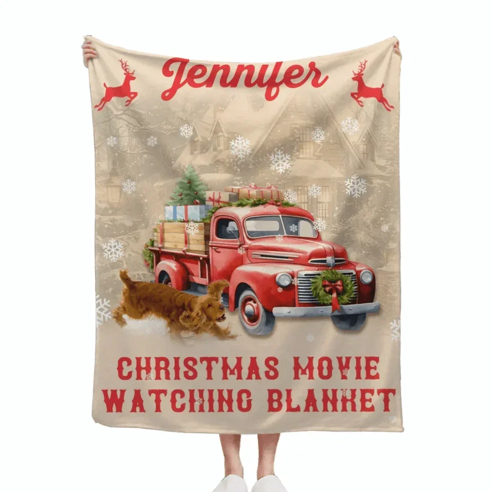 Christmas Customized Movie Watching Blanket - Christmas Vibes Red Moose,Truck and Snowflake Personalized Name Blanket - Christmas Gift For Family,Friend - Joliny