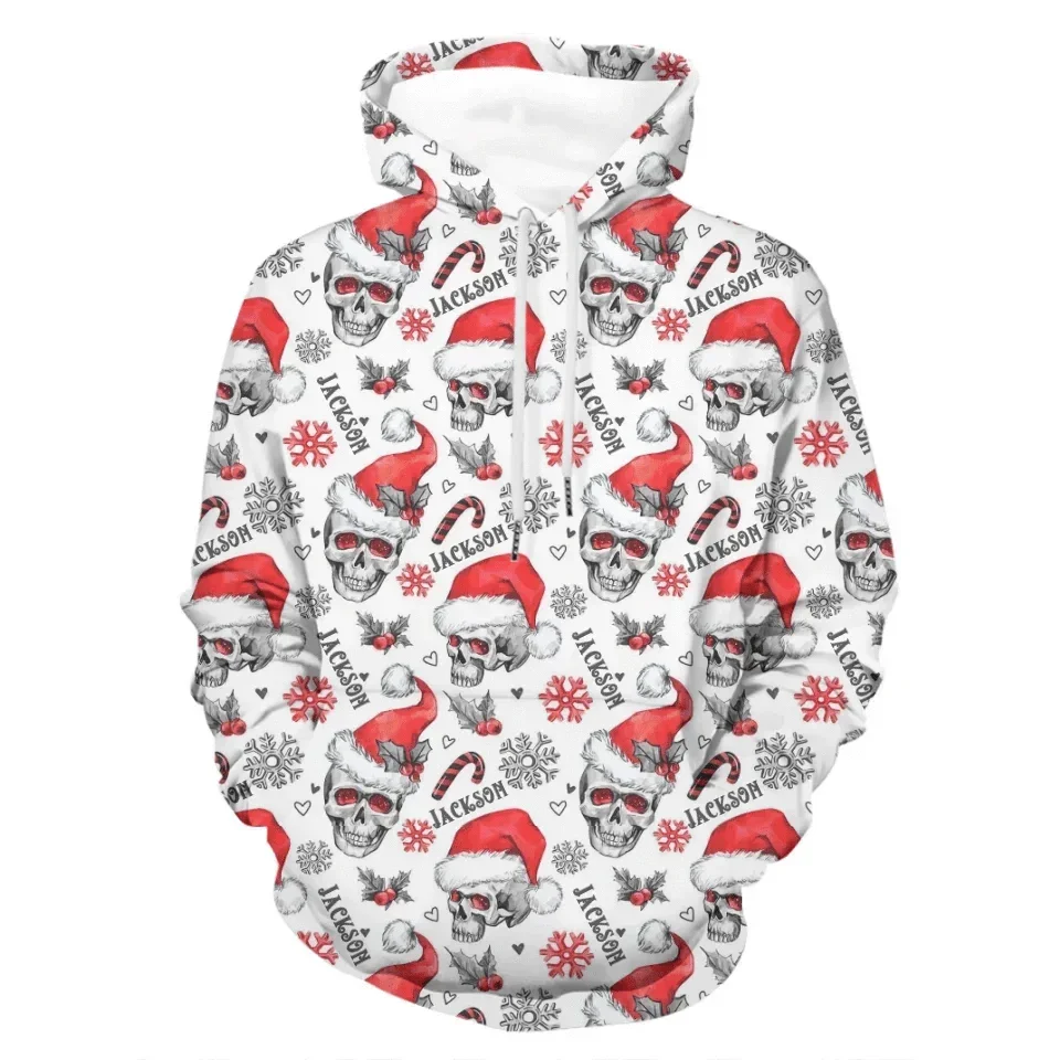 Christmas Themed Clothing - Skull Printed Clothing With Christmas Hat Personalized With Name - A Gift For Yourself,Family,Friend,Colleagues - Joliny