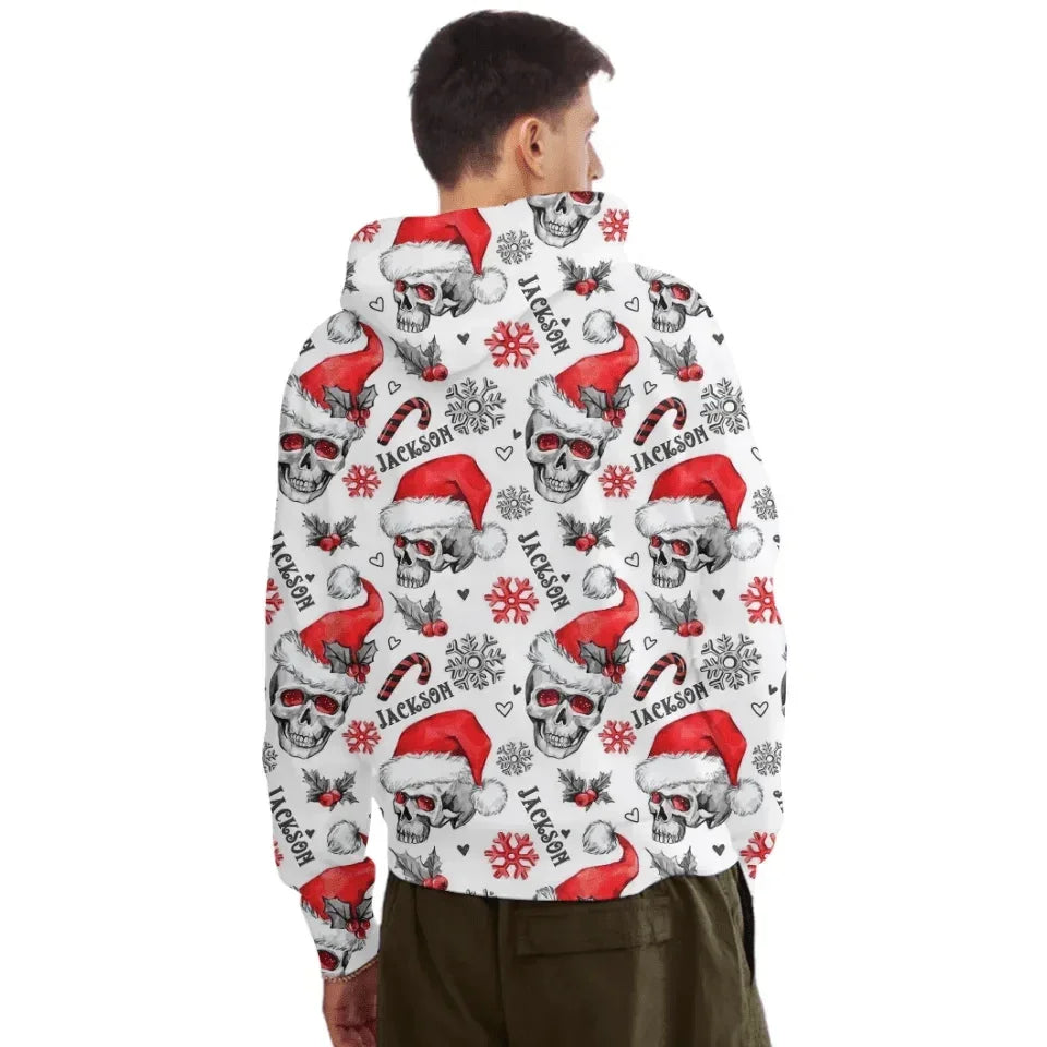 Christmas Themed Clothing - Skull Printed Clothing With Christmas Hat Personalized With Name - A Gift For Yourself,Family,Friend,Colleagues - Joliny