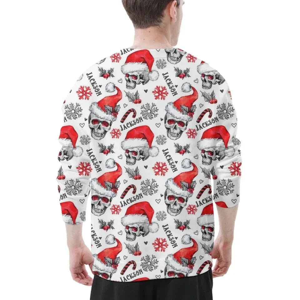 Christmas Themed Clothing - Skull Printed Clothing With Christmas Hat Personalized With Name - A Gift For Yourself,Family,Friend,Colleagues - Joliny