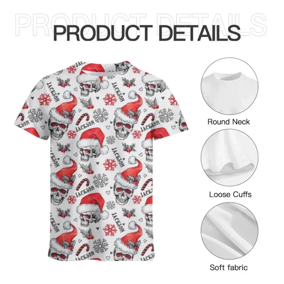 Christmas Themed Clothing - Skull Printed Clothing With Christmas Hat Personalized With Name - A Gift For Yourself,Family,Friend,Colleagues - Joliny