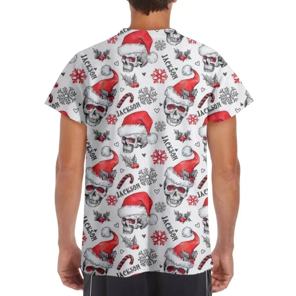 Christmas Themed Clothing - Skull Printed Clothing With Christmas Hat Personalized With Name - A Gift For Yourself,Family,Friend,Colleagues - Joliny