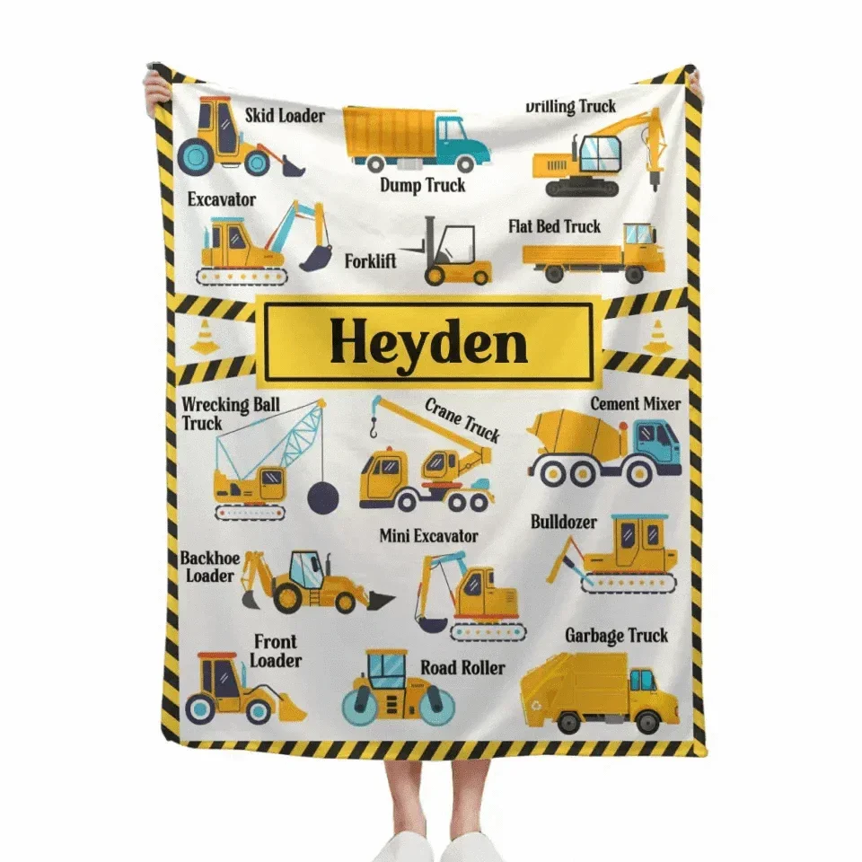 Construction Trucks Blanket - Custom Name Blanket for kids who love trucks and construction - Joliny
