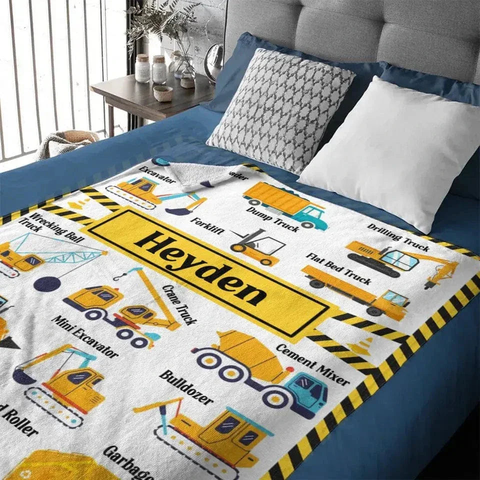 Construction Trucks Blanket - Custom Name Blanket for kids who love trucks and construction - Joliny
