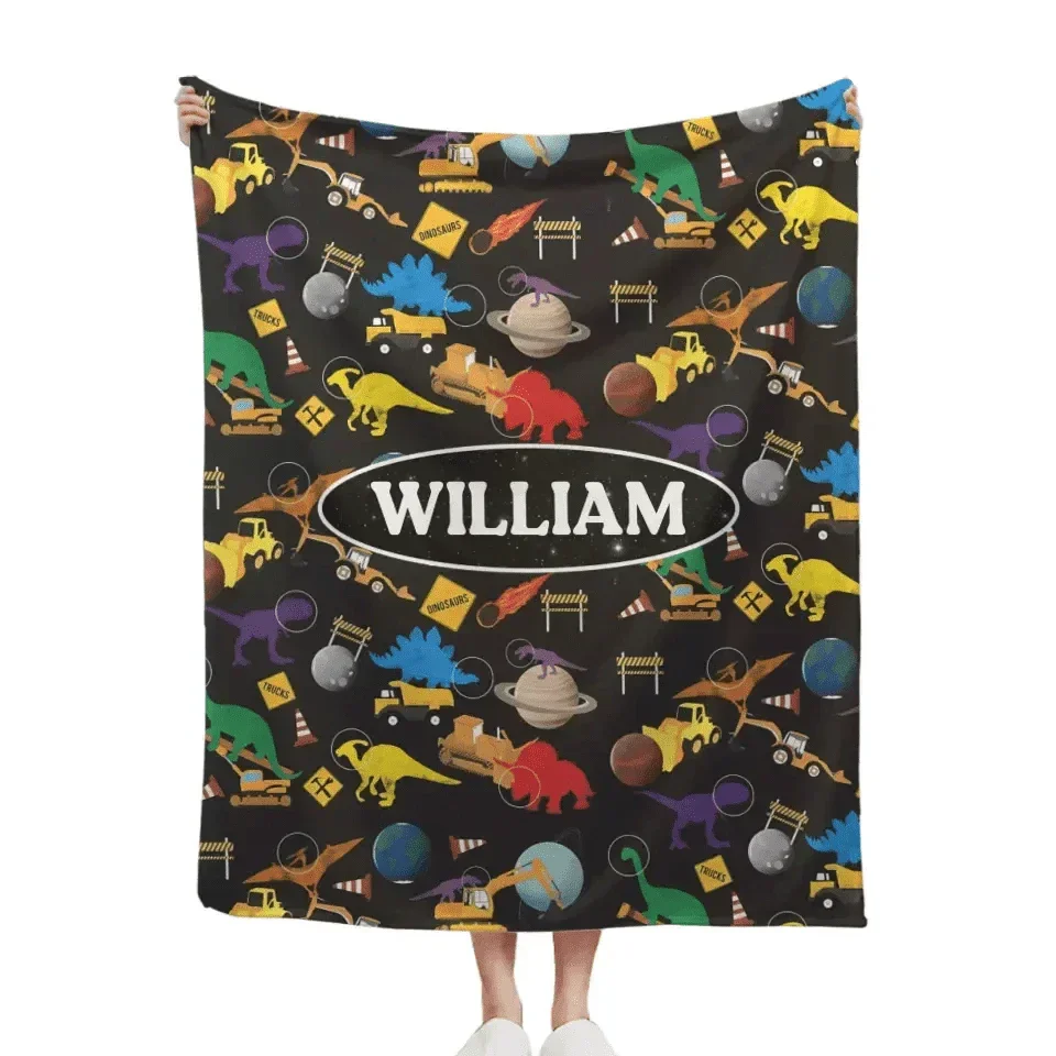 Construction Trucks Planet Dinosaurs in Space Blanket - Joliny