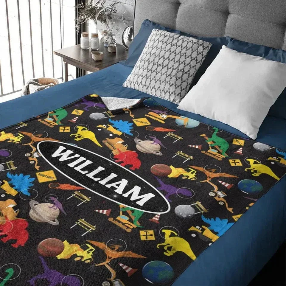 Construction Trucks Planet Dinosaurs in Space Blanket - Joliny