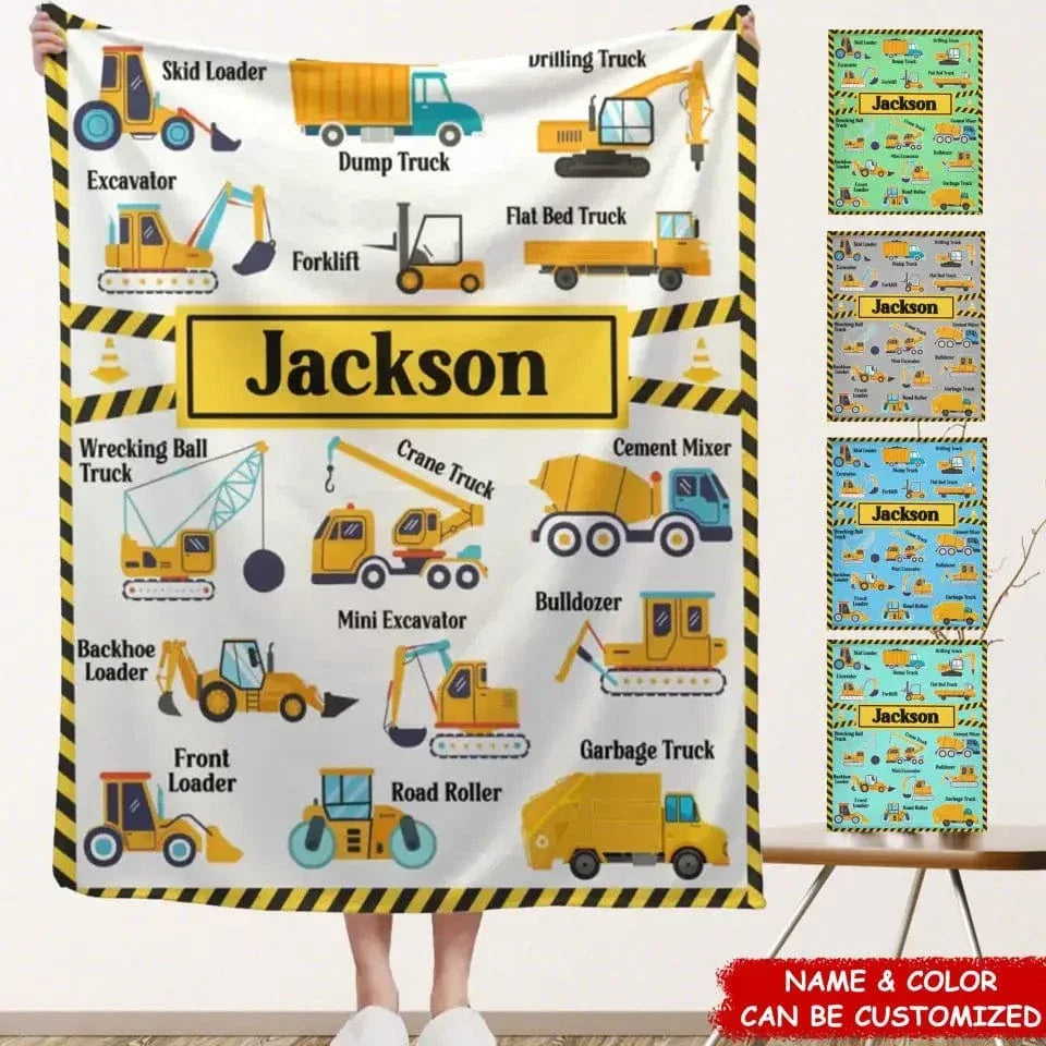 Construction Vehicle Truck Collection - Customized Children's Name Blanket - Joliny