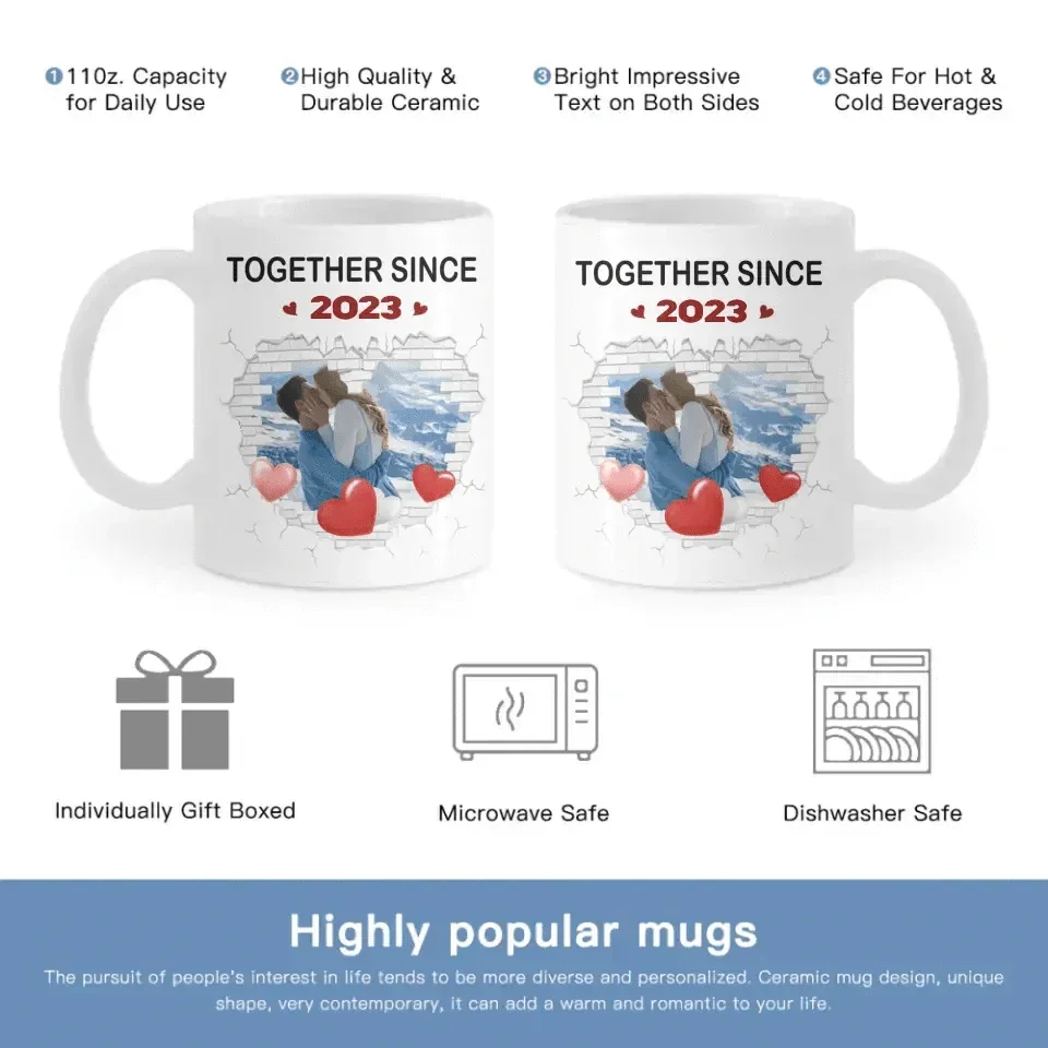 Couple Spouse Custom Photo Personalized White Mug - Together Since Stone Heart - Joliny