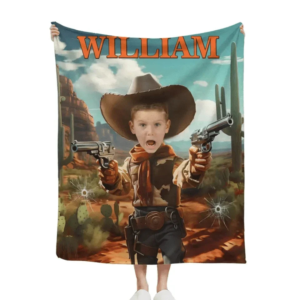 Cowboy Boys Blanket with Photo, Personalized Western Boy Blanket Custom Cowboy Gifts for Boys - Joliny