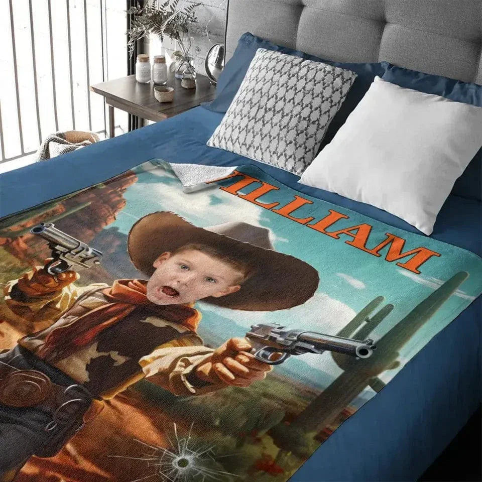 Cowboy Boys Blanket with Photo, Personalized Western Boy Blanket Custom Cowboy Gifts for Boys - Joliny