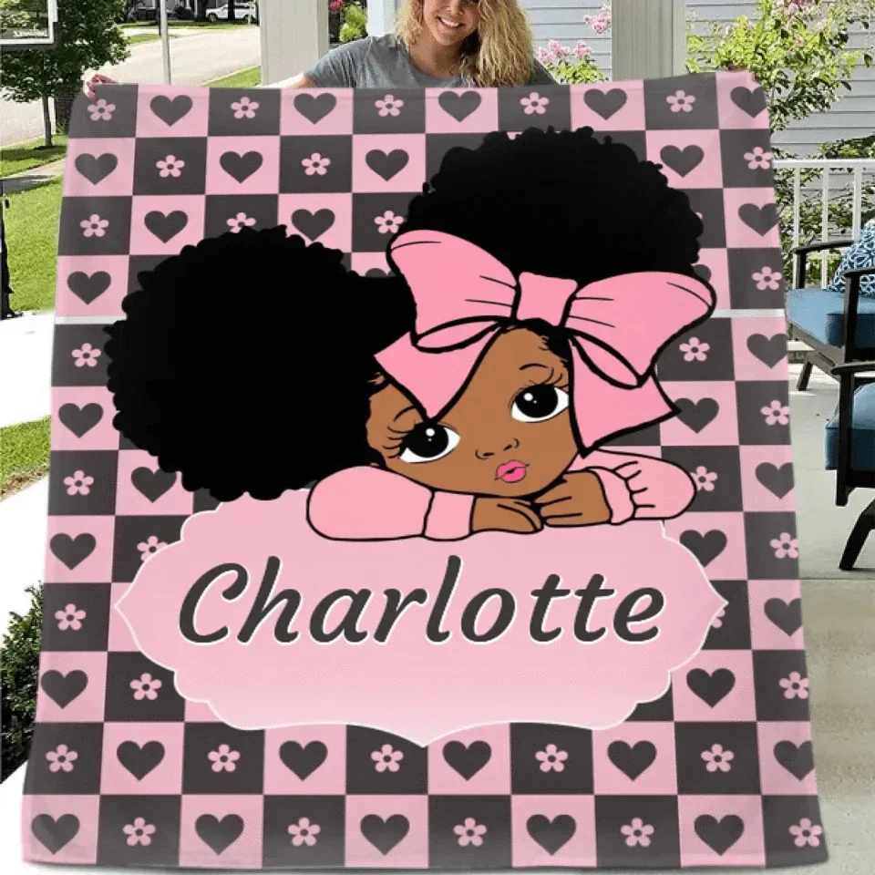 Custom Blankets for Black Girls - Personalised Name Cartoon Girl Pattern Blanket - A Gift For Child,Friend,Family - Joliny