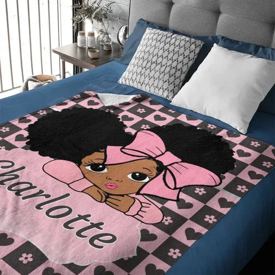 Custom Blankets for Black Girls - Personalised Name Cartoon Girl Pattern Blanket - A Gift For Child,Friend,Family - Joliny