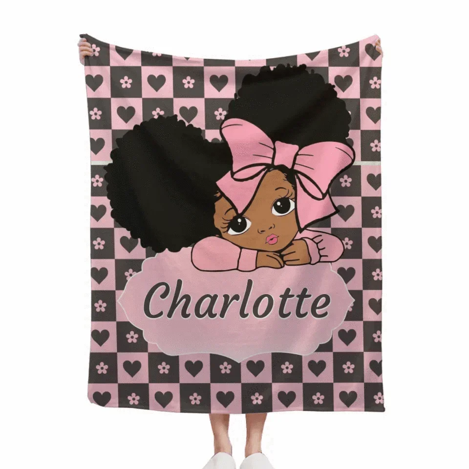 Custom Blankets for Black Girls - Personalised Name Cartoon Girl Pattern Blanket - A Gift For Child,Friend,Family - Joliny