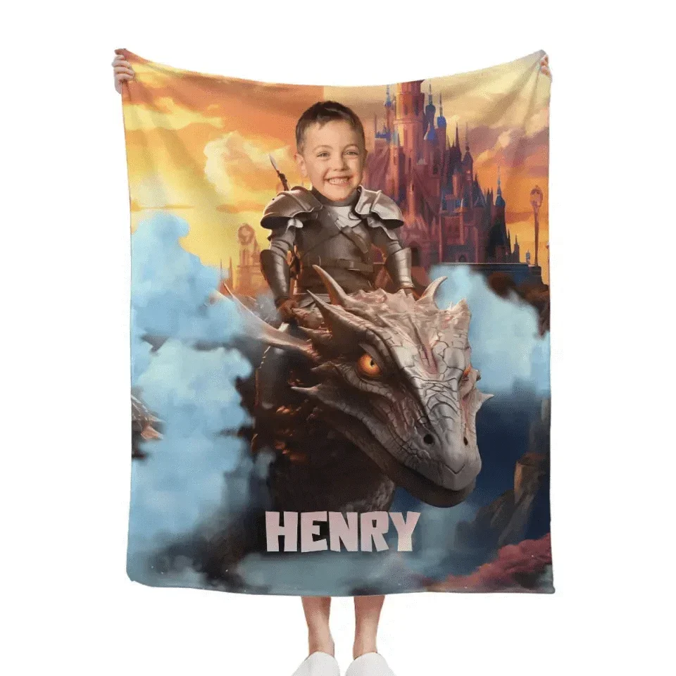 Custom Blankets Little Knight and Dragon Photo Gift, Boys Name Blanket - Joliny