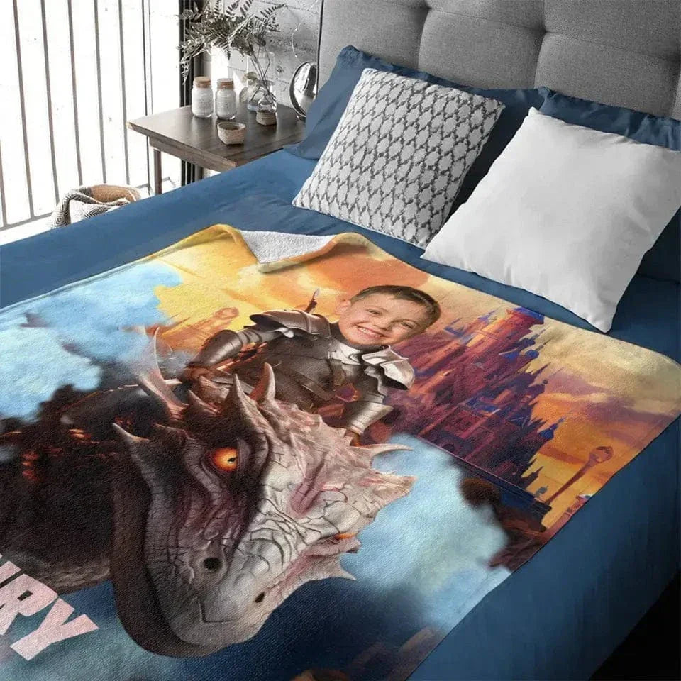 Custom Blankets Little Knight and Dragon Photo Gift, Boys Name Blanket - Joliny