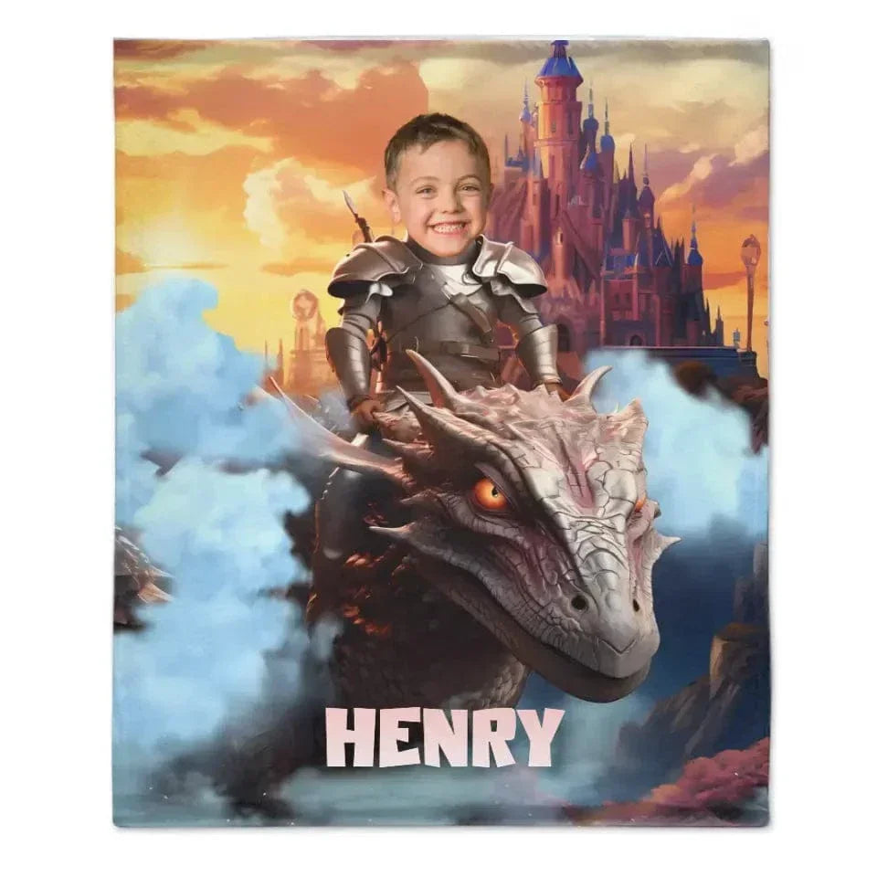 Custom Blankets Little Knight and Dragon Photo Gift, Boys Name Blanket - Joliny