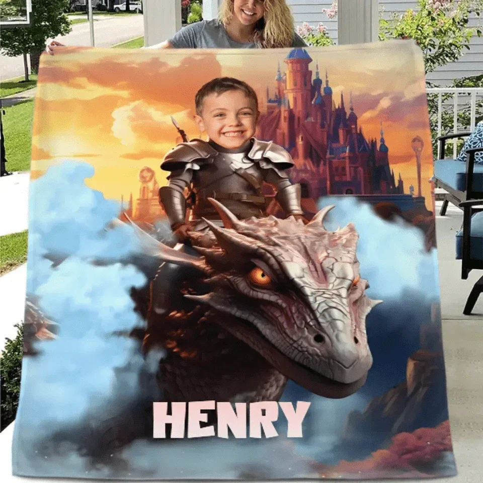 Custom Blankets Little Knight and Dragon Photo Gift, Boys Name Blanket - Joliny