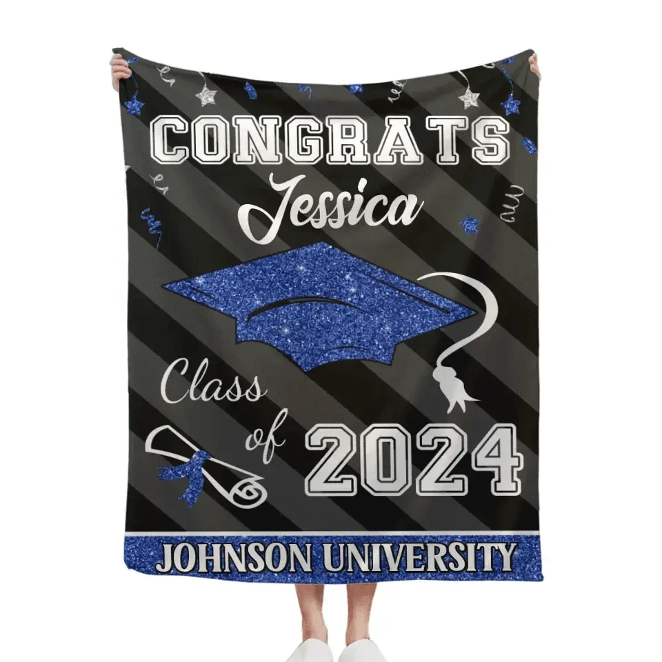 Custom Congrats Class Of 2024 Glitter Hat Graduation Blanket - Joliny