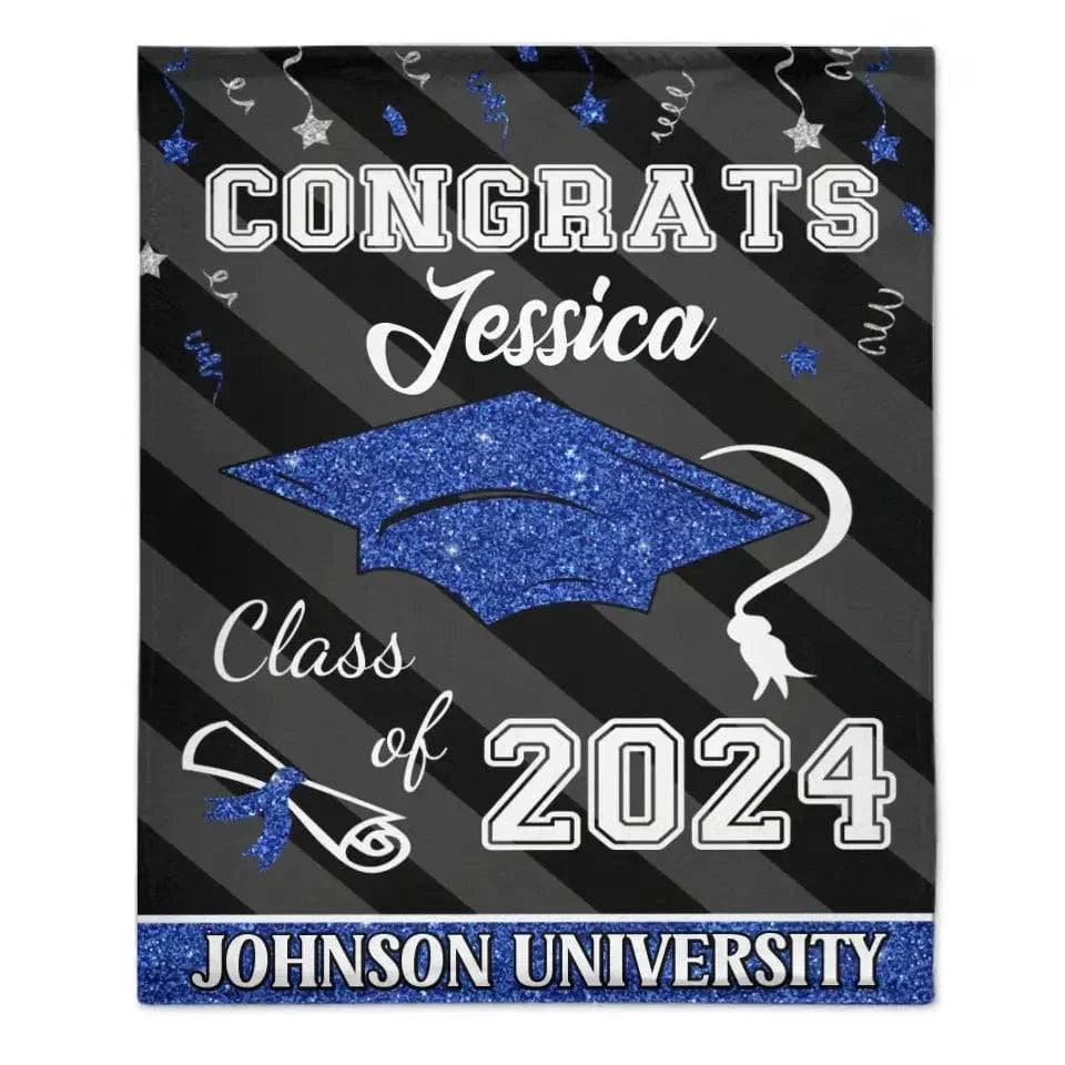 Custom Congrats Class Of 2024 Glitter Hat Graduation Blanket - Joliny