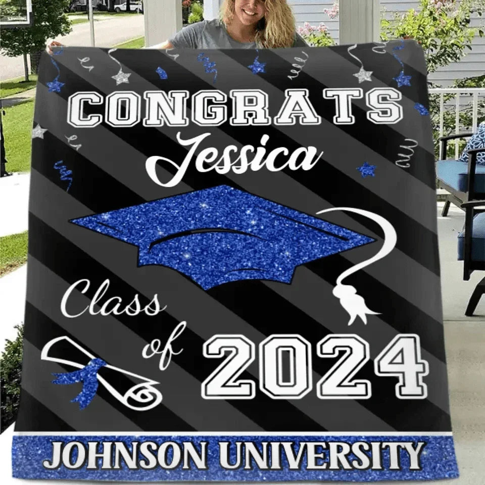 Custom Congrats Class Of 2024 Glitter Hat Graduation Blanket - Joliny