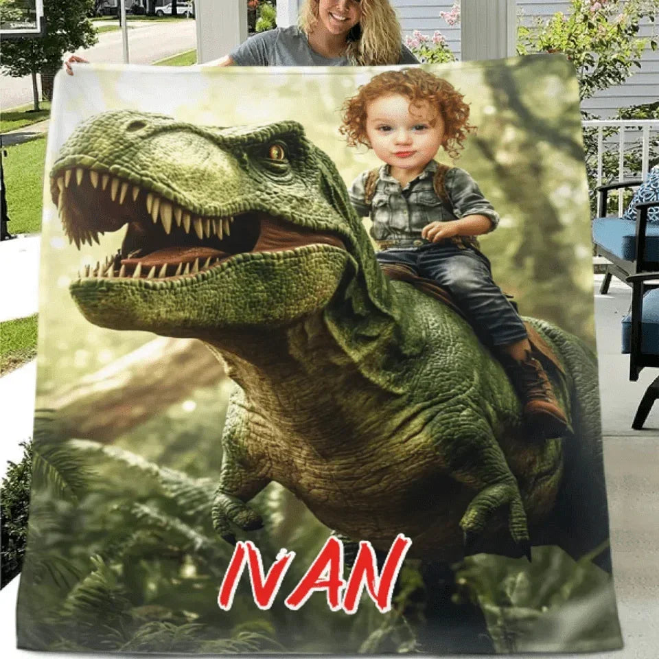 Custom Dinosaur Blankets Personalized Boy Riding Dinosaur Blanket - Joliny