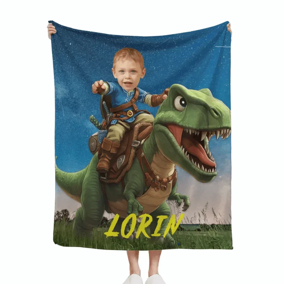 Custom Dinosaur Blankets Personalized Boy Riding Dinosaur Blanket - Joliny