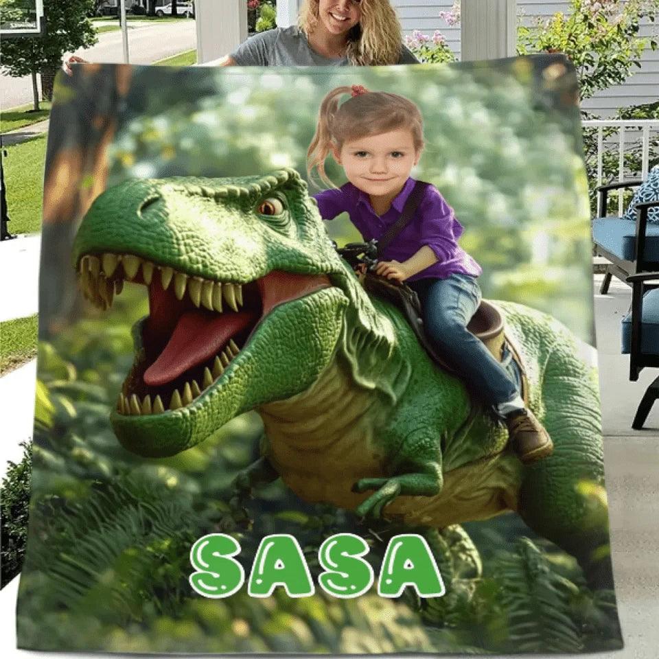Custom Dinosaur Blankets - Personalized Photo Of A Character Riding A Dinosaur Blanket - A Gift For Child - Joliny