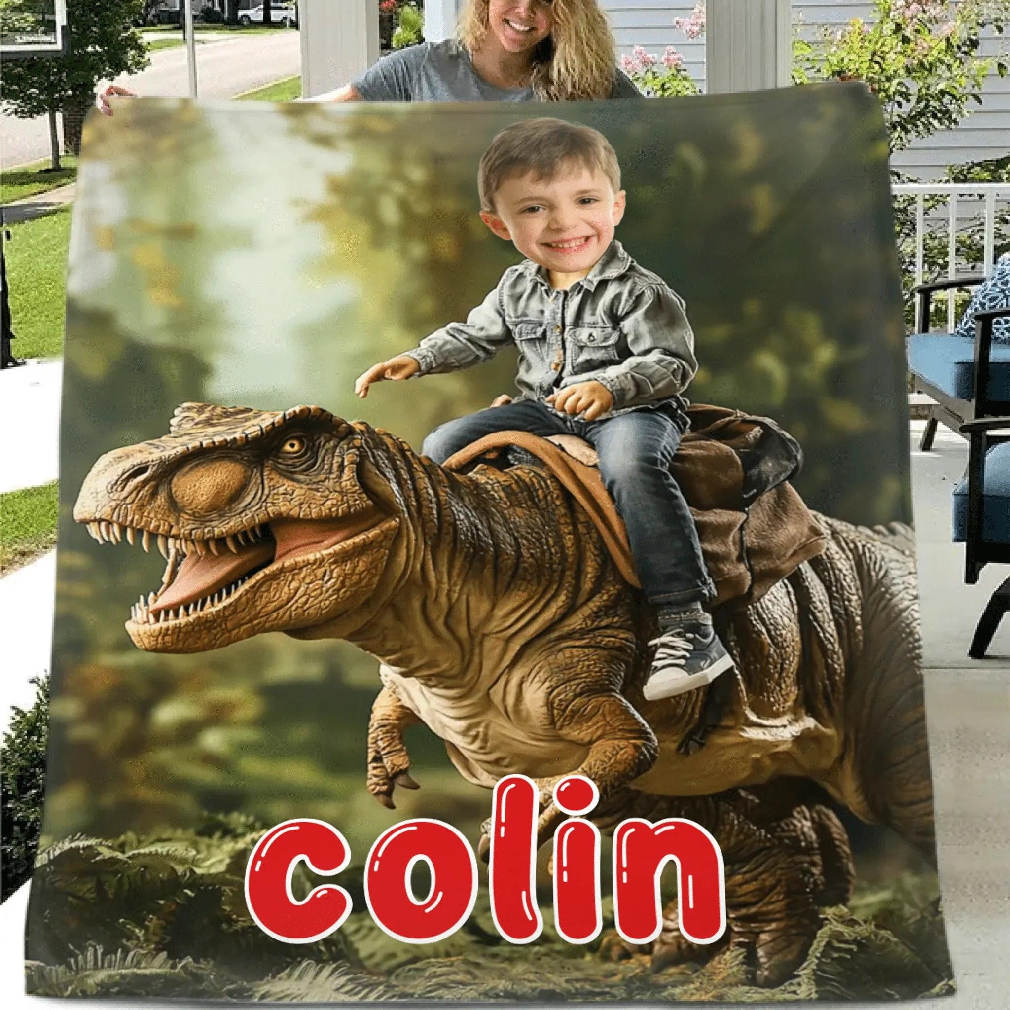 Custom Dinosaur Blankets Personalized Boy Riding Dinosaur Blanket - Joliny