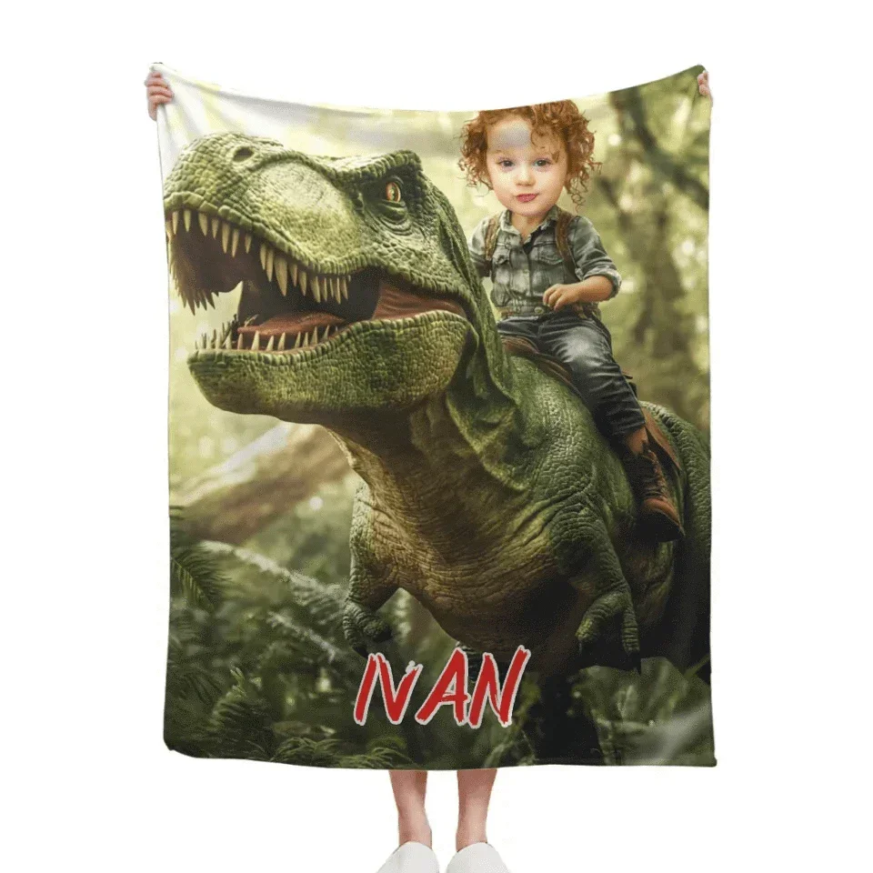 Custom Dinosaur Blankets Personalized Boy Riding Dinosaur Blanket - Joliny