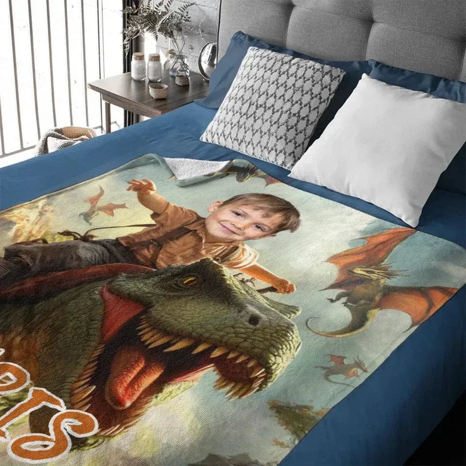 Custom Dinosaur Blankets Personalized Boy Riding Dinosaur Blanket - Joliny