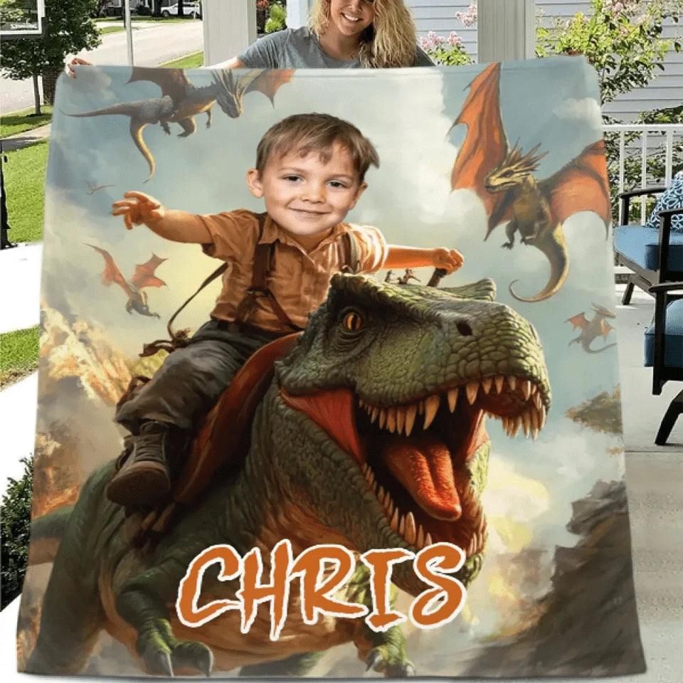 Custom Dinosaur Blankets Personalized Boy Riding Dinosaur Blanket - Joliny