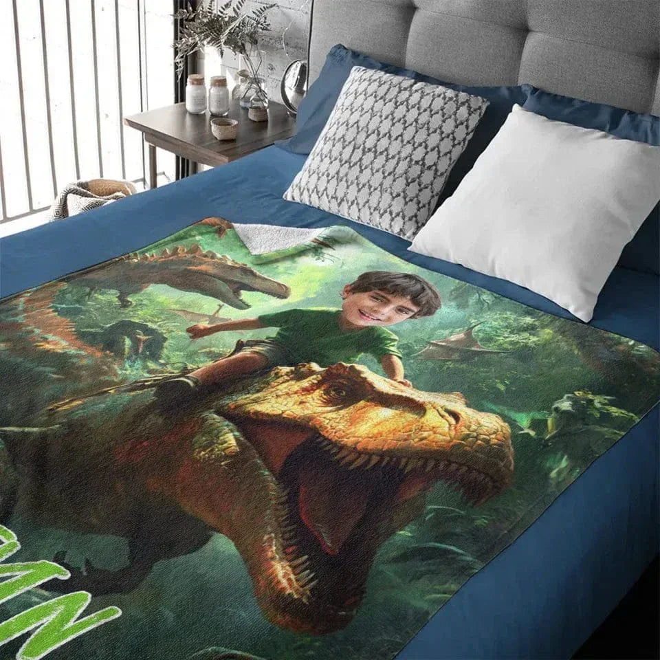 Custom Dinosaur Blankets Personalized Boy Riding Dinosaur Blanket - Joliny