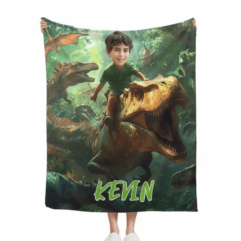 Custom Dinosaur Blankets Personalized Boy Riding Dinosaur Blanket - Joliny