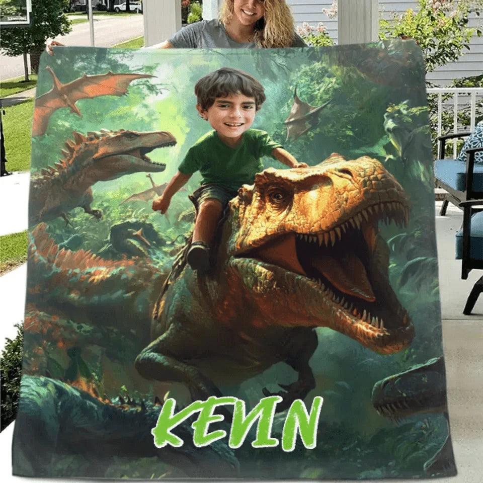 Custom Dinosaur Blankets Personalized Boy Riding Dinosaur Blanket - Joliny