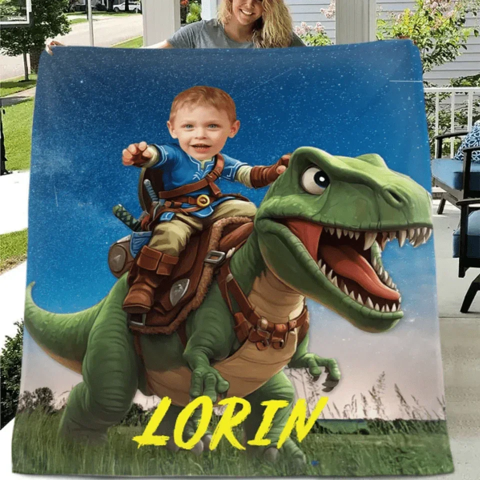 Custom Dinosaur Blankets Personalized Boy Riding Dinosaur Blanket - Joliny