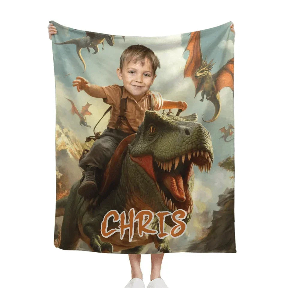 Custom Dinosaur Blankets Personalized Boy Riding Dinosaur Blanket - Joliny