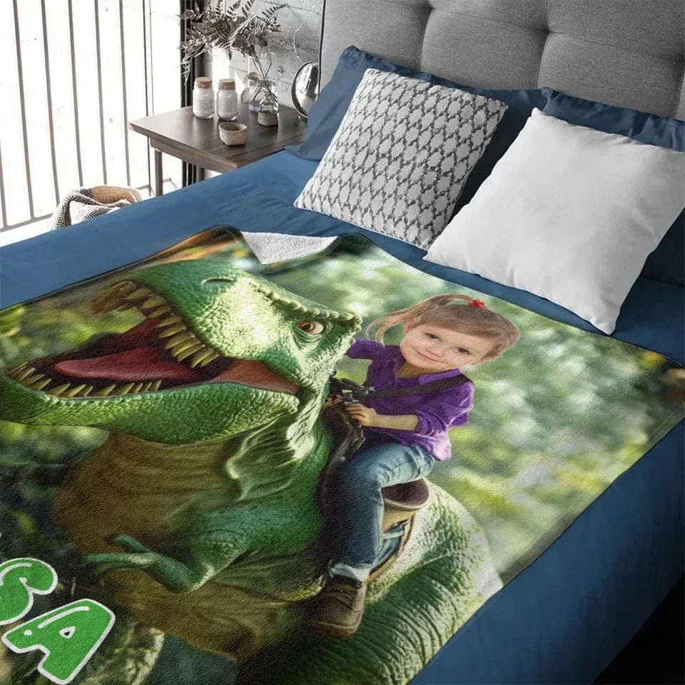 Custom Dinosaur Blankets - Personalized Photo Of A Character Riding A Dinosaur Blanket - A Gift For Child - Joliny