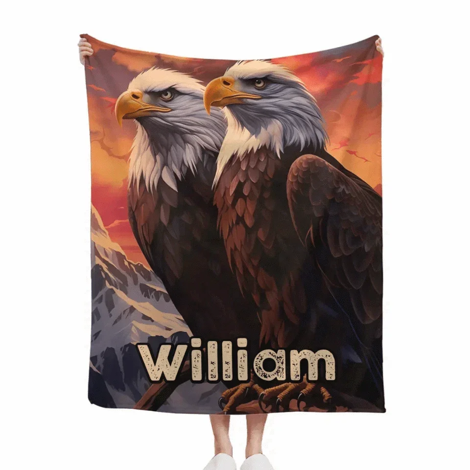 Custom Eagle Blanket - Personalized Name Sunset Background Eagle Blanket - A Gift For Bird Lover,Eagle Lover,Friend - Joliny