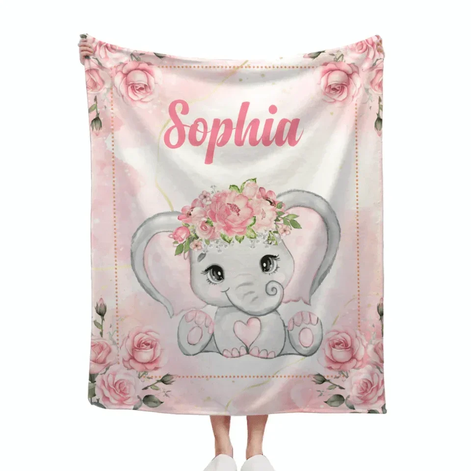 Custom Elephant Blanket - Personalized Name Blanket for Elephant Wearing Garland - A Gift For Child,Baby - Joliny
