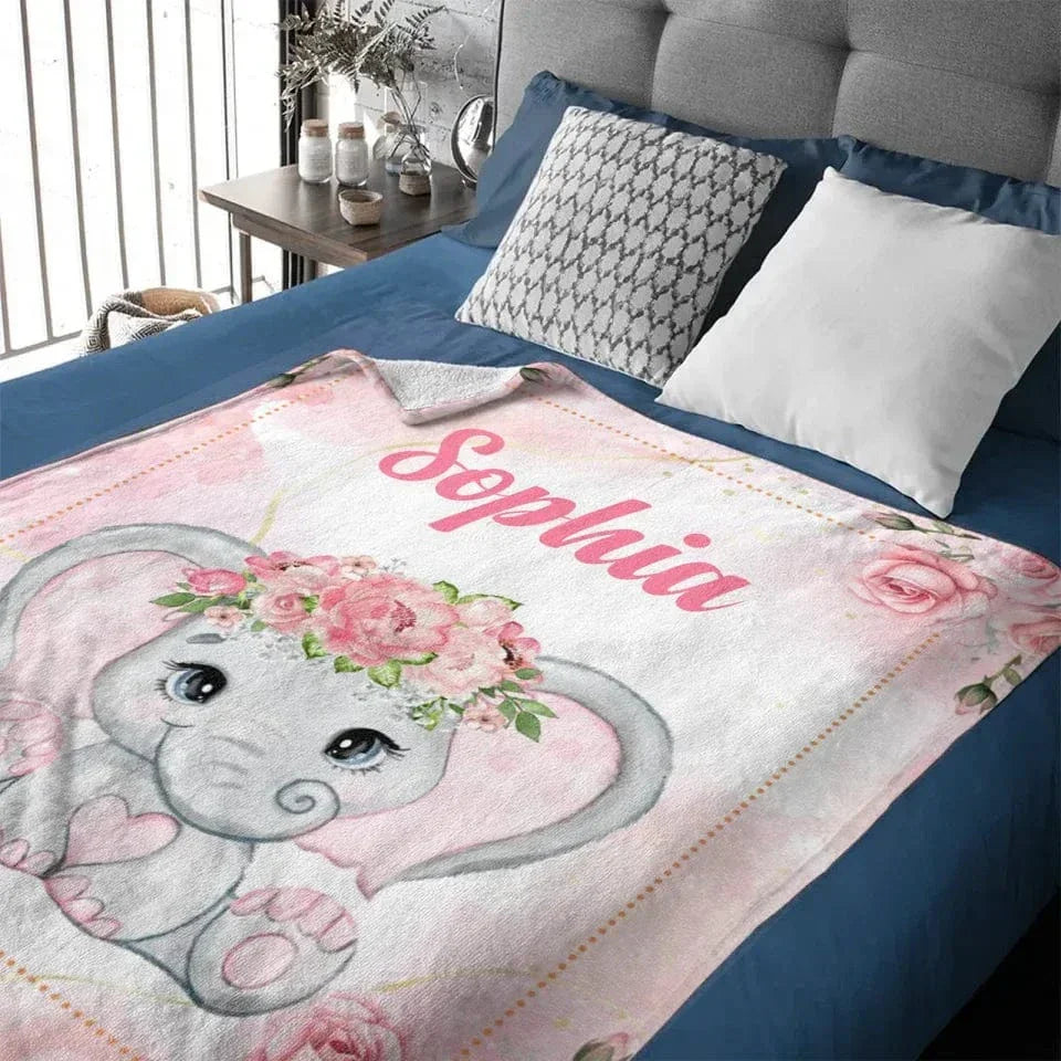 Custom Elephant Blanket - Personalized Name Blanket for Elephant Wearing Garland - A Gift For Child,Baby - Joliny