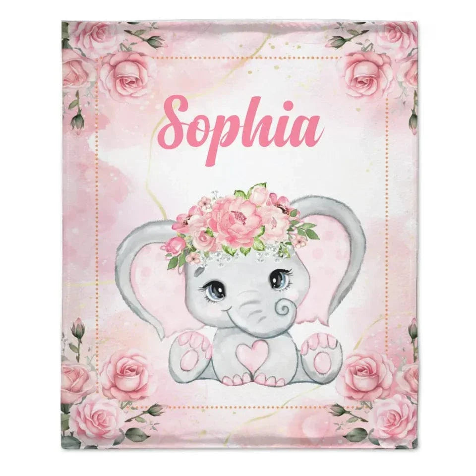 Custom Elephant Blanket - Personalized Name Blanket for Elephant Wearing Garland - A Gift For Child,Baby - Joliny