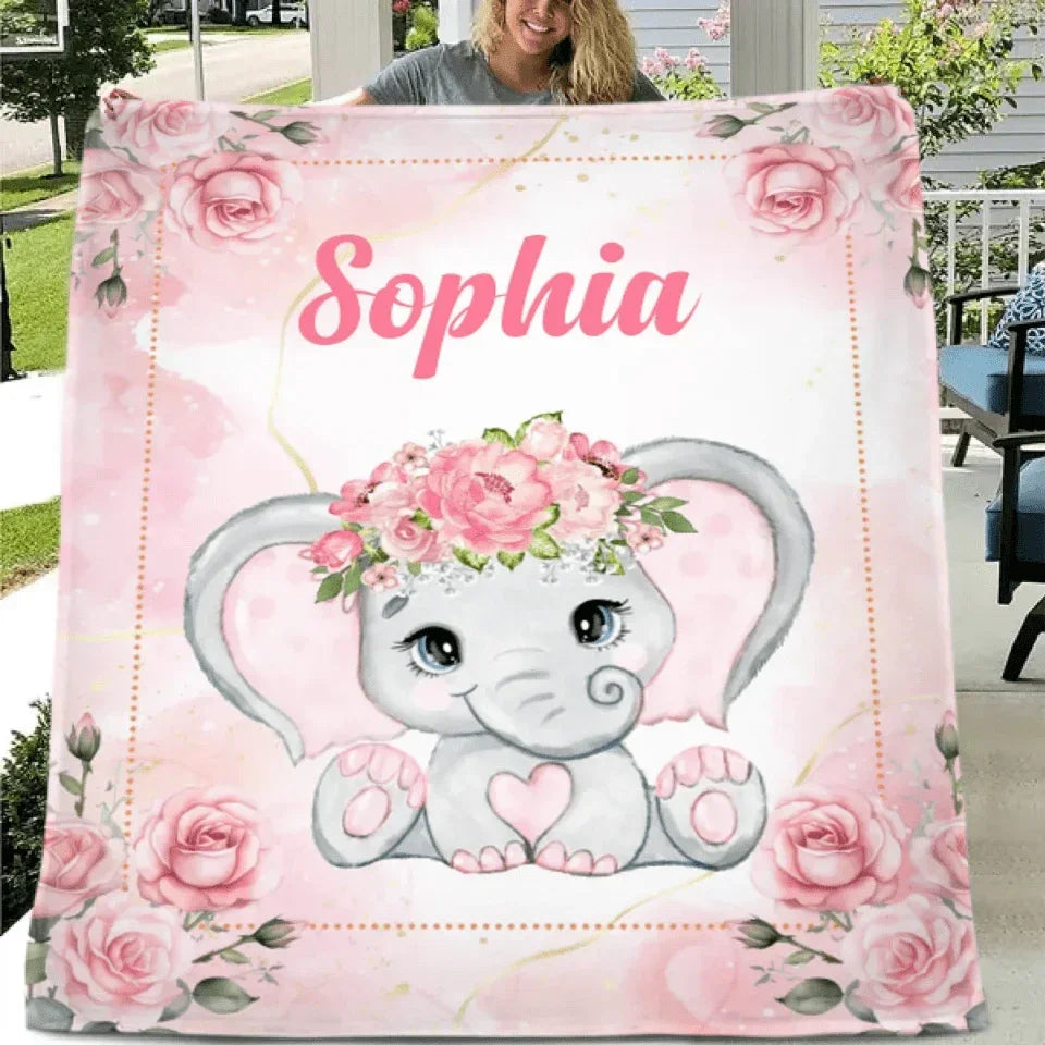 Custom Elephant Blanket - Personalized Name Blanket for Elephant Wearing Garland - A Gift For Child,Baby - Joliny