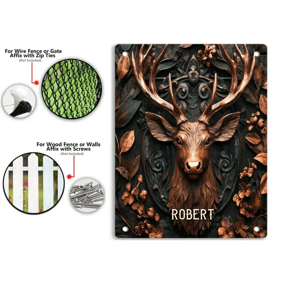 Custom Embossed Deer Pattern Wall Art - Personalized Name Print Hunting Style Tin Painting - Gifts for Friends, Hunting Enthusiasts And Yourself - Joliny