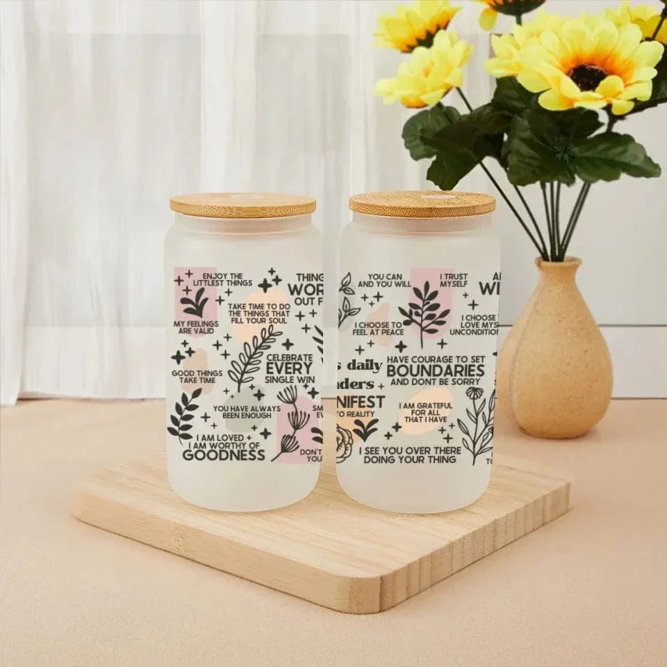 Custom Floral Pattern Daily Reminders Glass - Personalized Name Psychological Health Glasses - A Gift For Friend,Family - Joliny