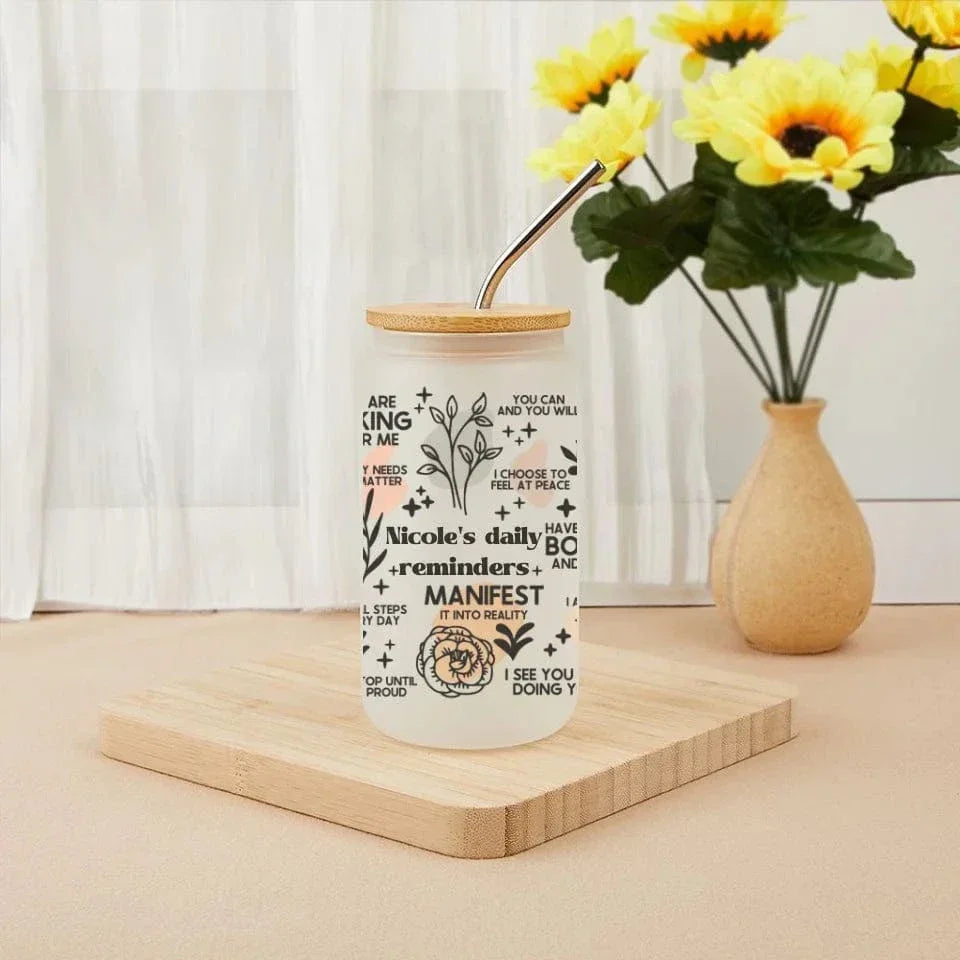 Custom Floral Pattern Daily Reminders Glass - Personalized Name Psychological Health Glasses - A Gift For Friend,Family - Joliny
